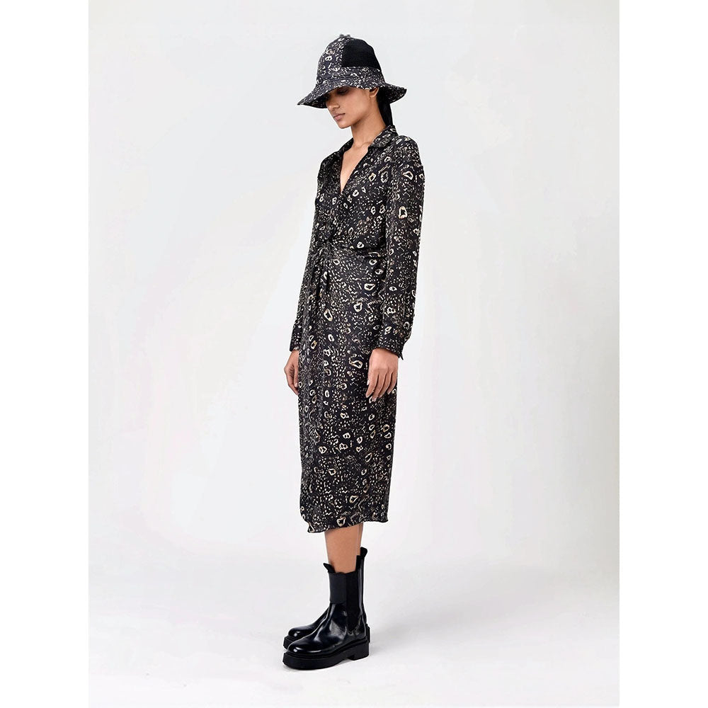 Genes Lecoanet Hemant Women's Black Printed Midi Length Dress