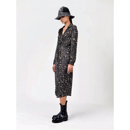 Genes Lecoanet Hemant Women's Black Printed Midi Length Dress
