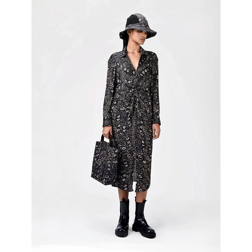 Genes Lecoanet Hemant Women's Black Printed Midi Length Dress