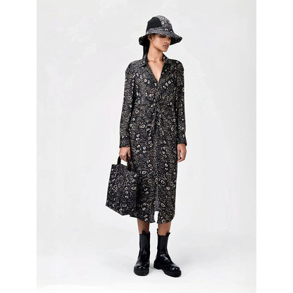 Genes Lecoanet Hemant Women's Black Printed Midi Length Dress