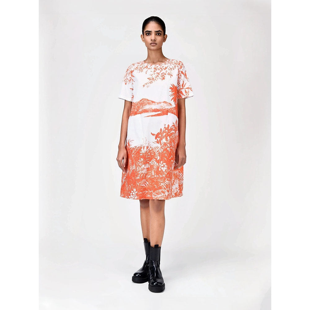 Genes Lecoanet Hemant Women's Orange Printed Knee Length Dress