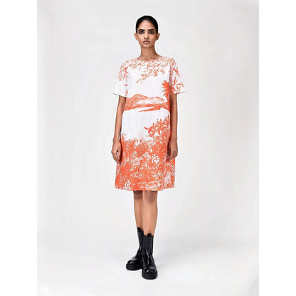 Genes Lecoanet Hemant Women's Orange Printed Knee Length Dress
