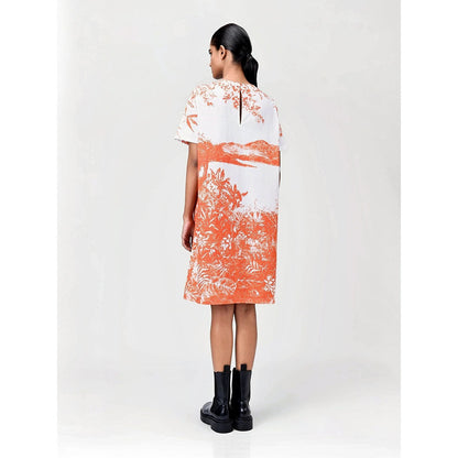 Genes Lecoanet Hemant Women's Orange Printed Knee Length Dress