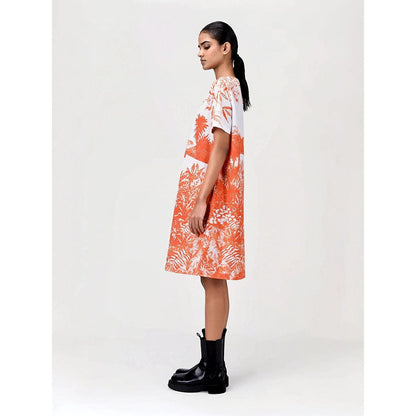 Genes Lecoanet Hemant Women's Orange Printed Knee Length Dress