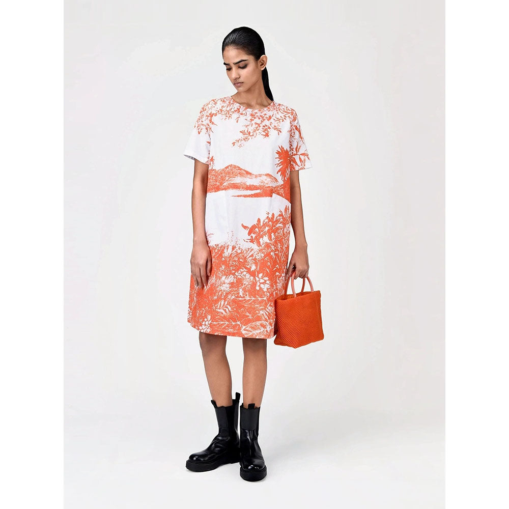 Genes Lecoanet Hemant Women's Orange Printed Knee Length Dress