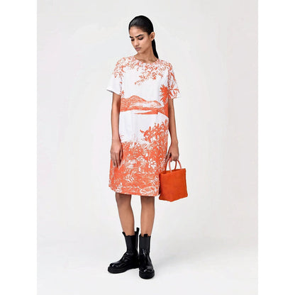 Genes Lecoanet Hemant Women's Orange Printed Knee Length Dress