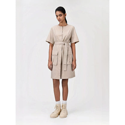 Genes Lecoanet Hemant Women's Beige Solid Knee Length Dress with Belt (Set of 2)