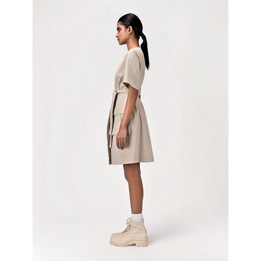 Genes Lecoanet Hemant Women's Beige Solid Knee Length Dress with Belt (Set of 2)