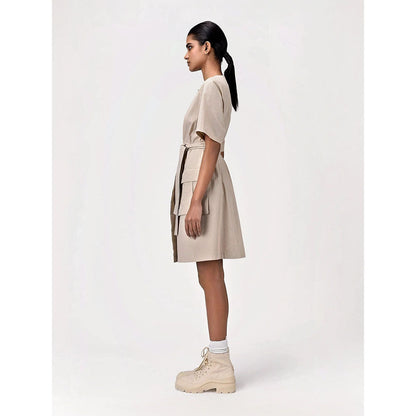 Genes Lecoanet Hemant Women's Beige Solid Knee Length Dress with Belt (Set of 2)