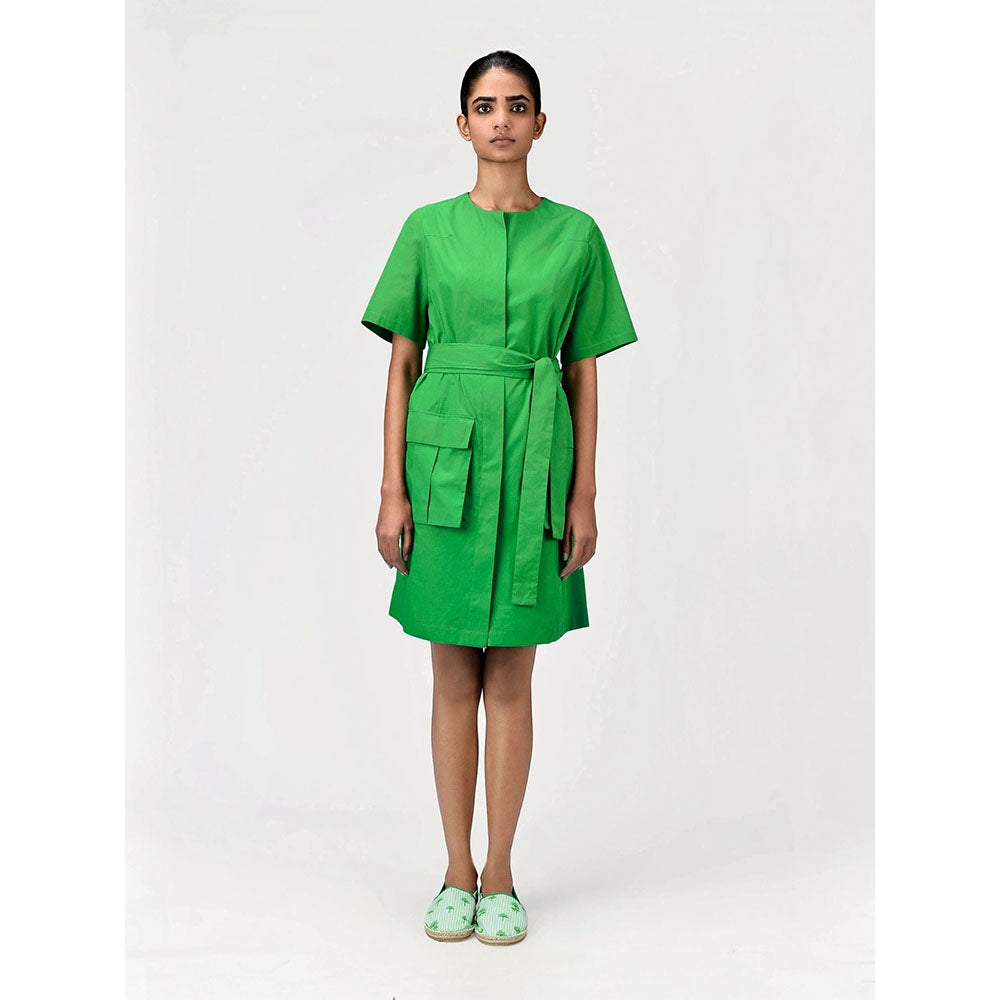 Genes Lecoanet Hemant Women's Green Solid Knee Length Dress with Belt (Set of 2)