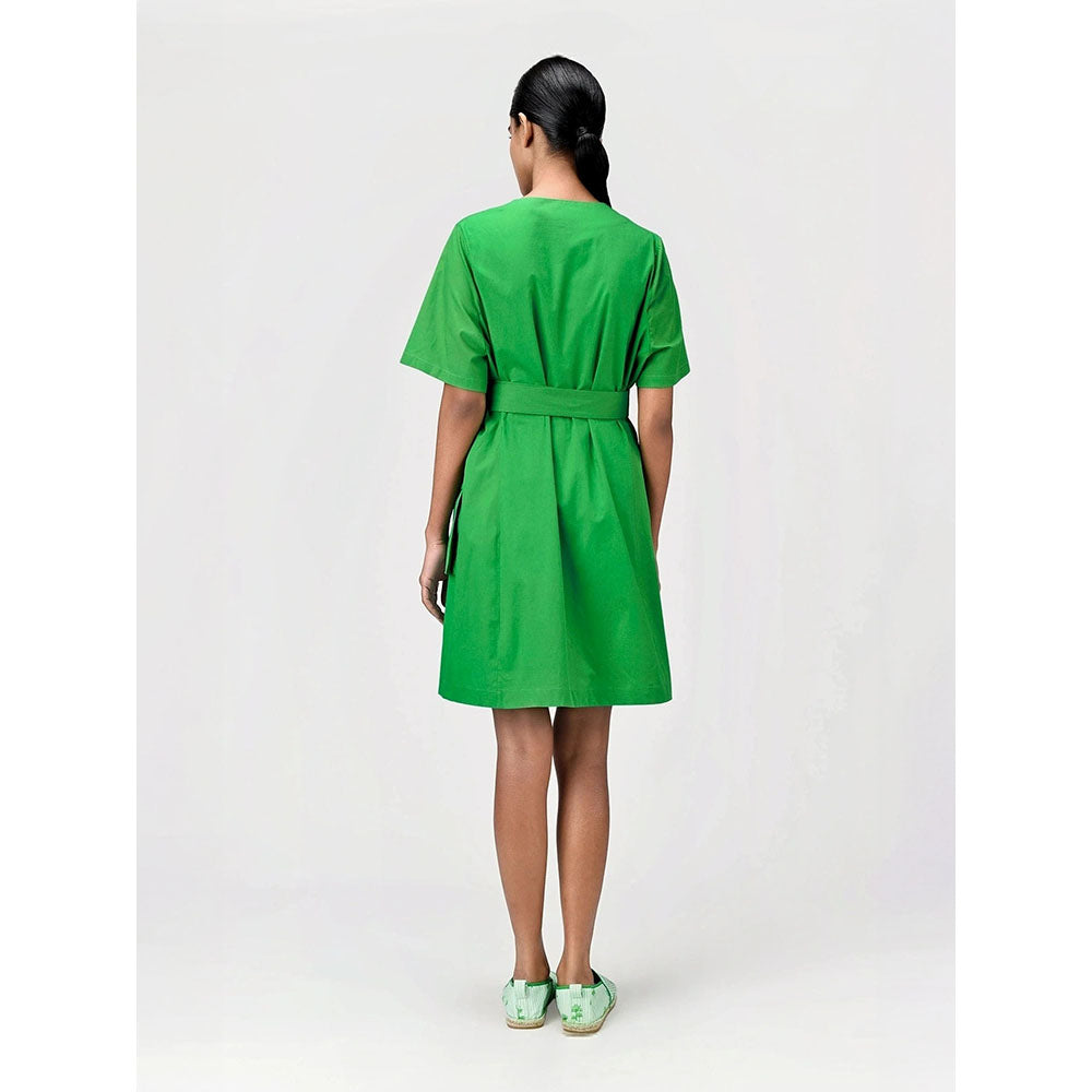 Genes Lecoanet Hemant Women's Green Solid Knee Length Dress with Belt (Set of 2)