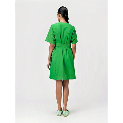Genes Lecoanet Hemant Women's Green Solid Knee Length Dress with Belt (Set of 2)