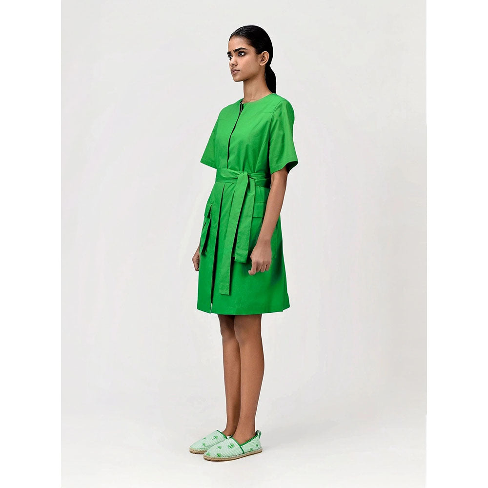 Genes Lecoanet Hemant Women's Green Solid Knee Length Dress with Belt (Set of 2)