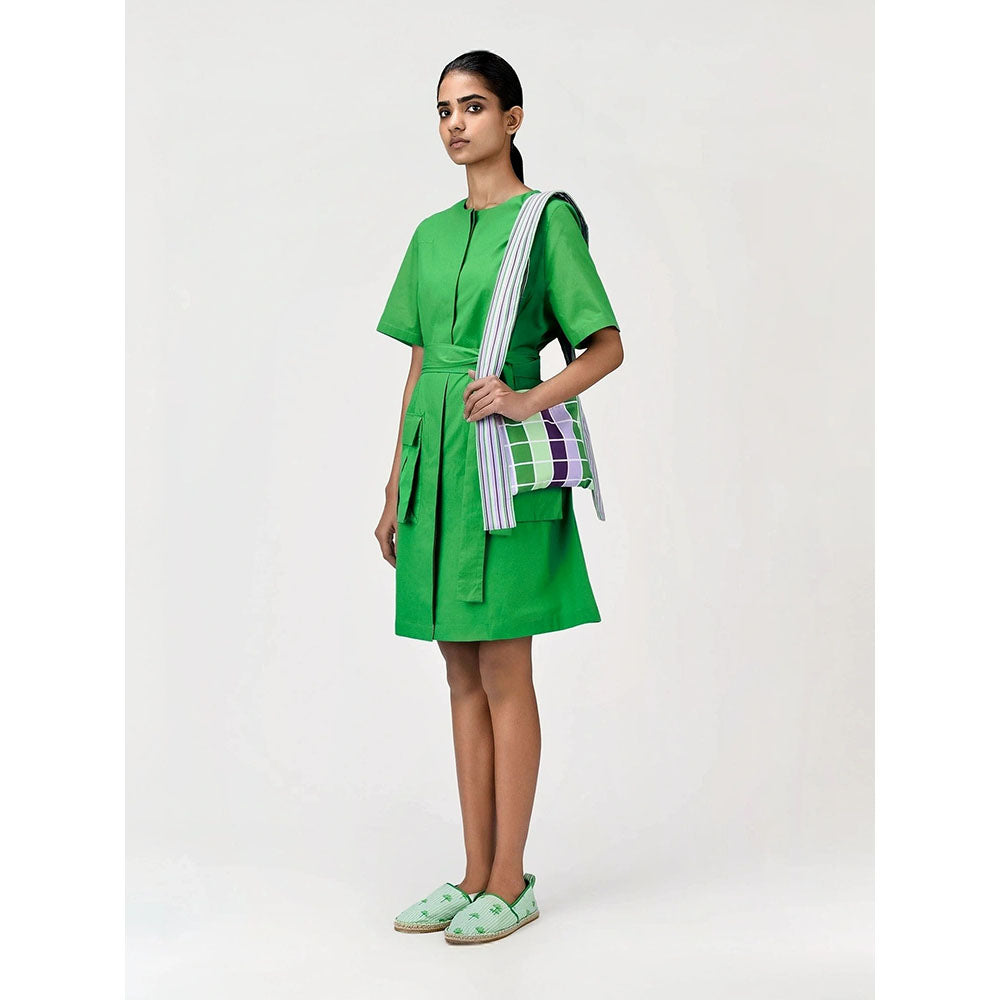 Genes Lecoanet Hemant Women's Green Solid Knee Length Dress with Belt (Set of 2)