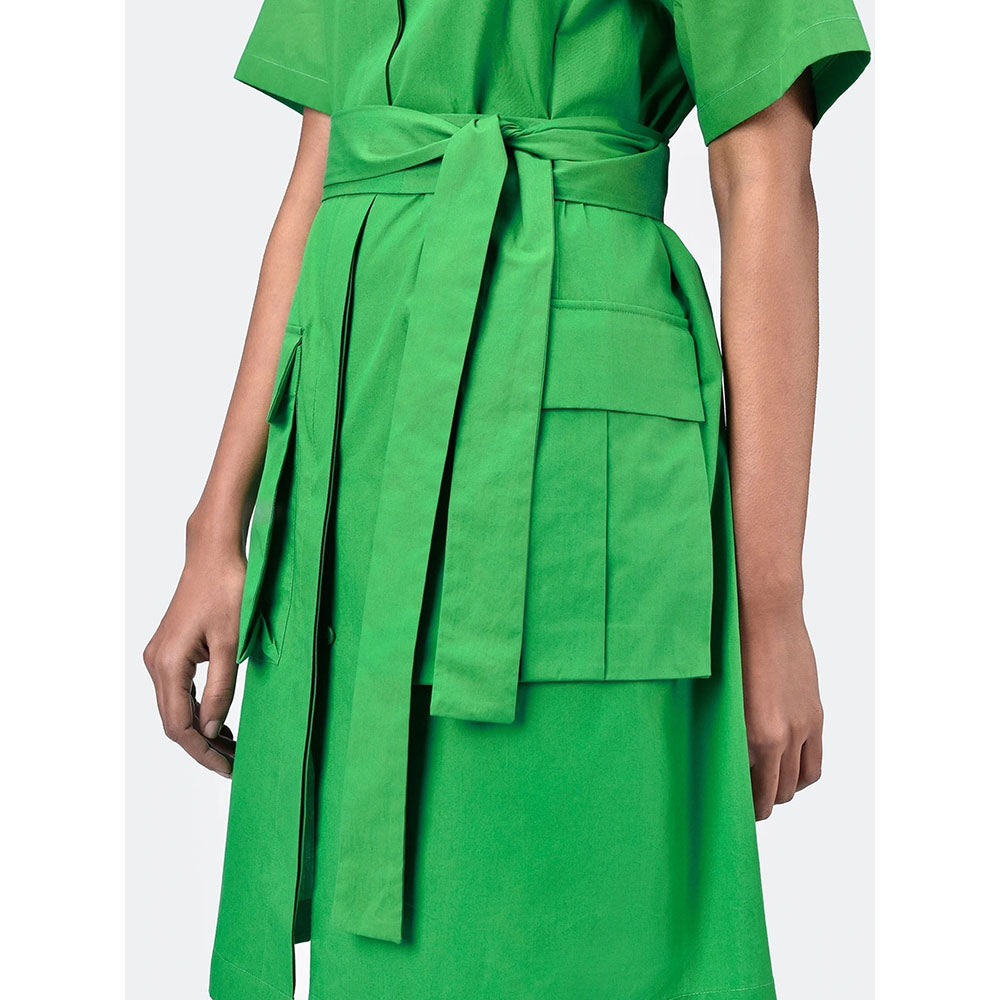Genes Lecoanet Hemant Women's Green Solid Knee Length Dress with Belt (Set of 2)