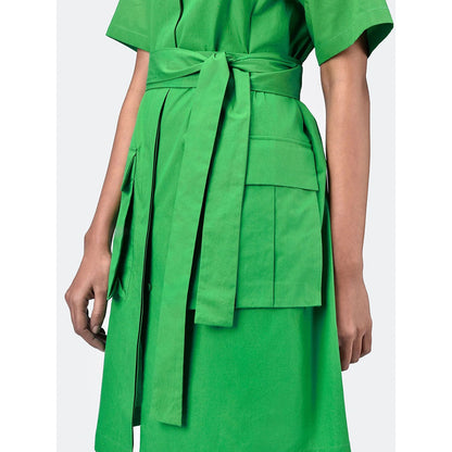 Genes Lecoanet Hemant Women's Green Solid Knee Length Dress with Belt (Set of 2)