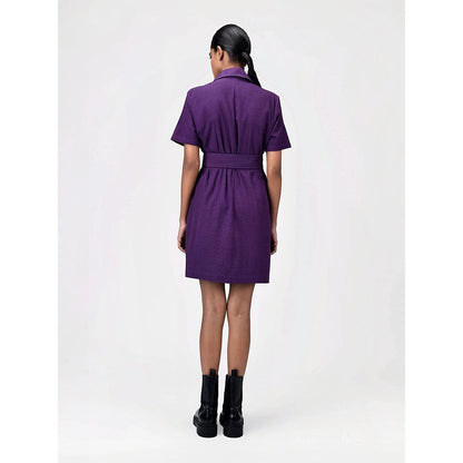 Genes Lecoanet Hemant Women's Purple Solid Knee Length Dress with Belt (Set of 2)