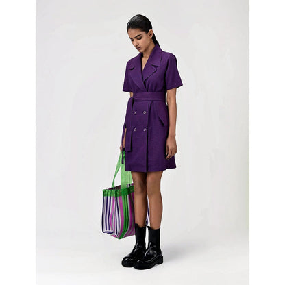Genes Lecoanet Hemant Women's Purple Solid Knee Length Dress with Belt (Set of 2)