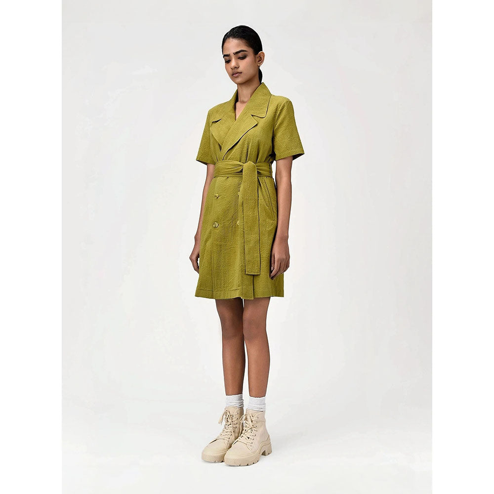 Genes Lecoanet Hemant Women's Green Solid Knee Length Dress with Belt (Set of 2)