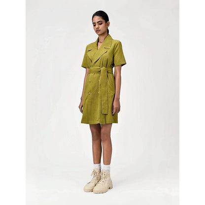 Genes Lecoanet Hemant Women's Green Solid Knee Length Dress with Belt (Set of 2)