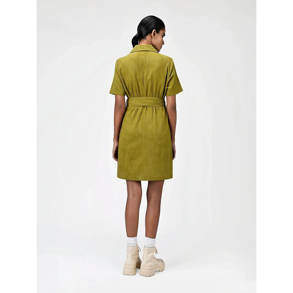 Genes Lecoanet Hemant Women's Green Solid Knee Length Dress with Belt (Set of 2)