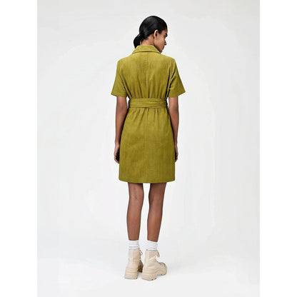 Genes Lecoanet Hemant Women's Green Solid Knee Length Dress with Belt (Set of 2)