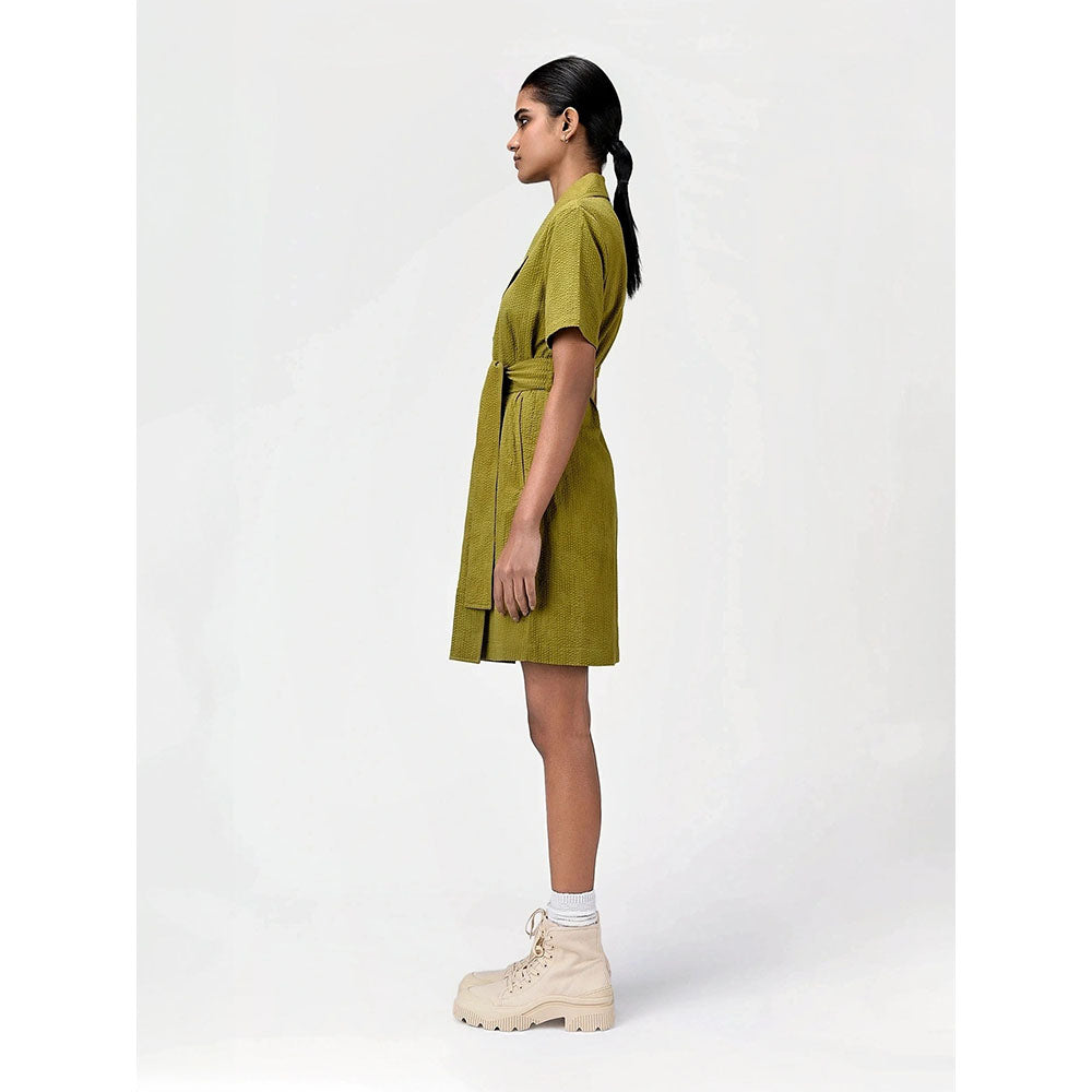 Genes Lecoanet Hemant Women's Green Solid Knee Length Dress with Belt (Set of 2)