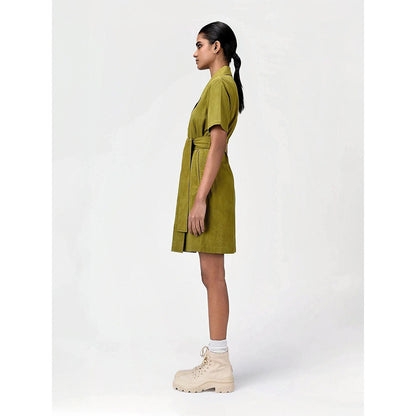 Genes Lecoanet Hemant Women's Green Solid Knee Length Dress with Belt (Set of 2)