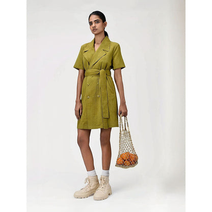 Genes Lecoanet Hemant Women's Green Solid Knee Length Dress with Belt (Set of 2)