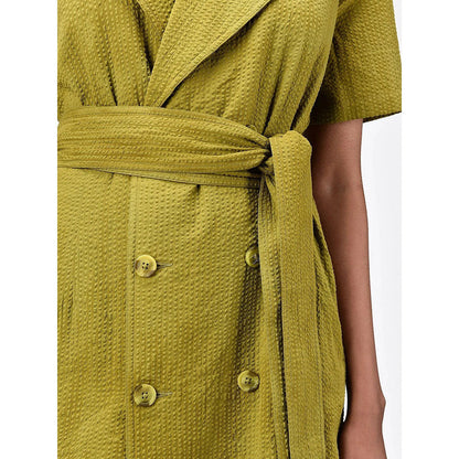 Genes Lecoanet Hemant Women's Green Solid Knee Length Dress with Belt (Set of 2)