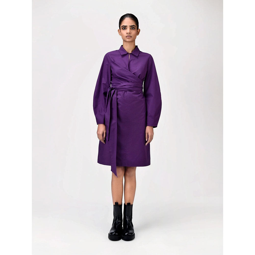 Genes Lecoanet Hemant Women's Purple Solid Knee Length Dress with Belt (Set of 2)