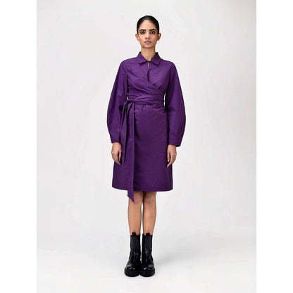 Genes Lecoanet Hemant Women's Purple Solid Knee Length Dress with Belt (Set of 2)