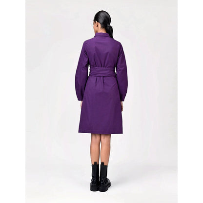 Genes Lecoanet Hemant Women's Purple Solid Knee Length Dress with Belt (Set of 2)