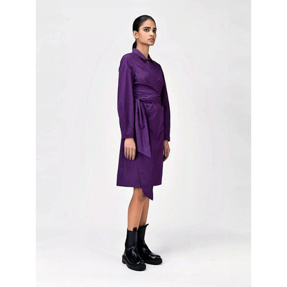Genes Lecoanet Hemant Women's Purple Solid Knee Length Dress with Belt (Set of 2)