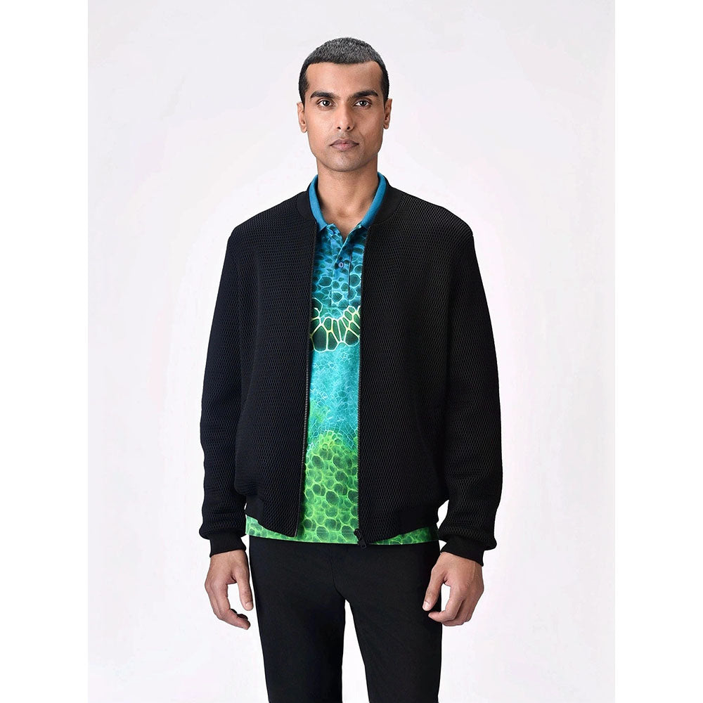 Genes Lecoanet Hemant Men Black Polyester Self Design Open Front Bomber Jacket