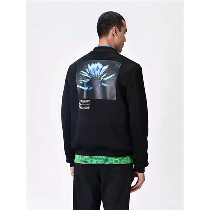 Genes Lecoanet Hemant Men Black Polyester Self Design Open Front Bomber Jacket