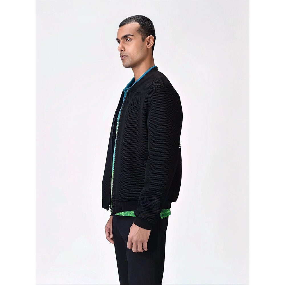 Genes Lecoanet Hemant Men Black Polyester Self Design Open Front Bomber Jacket