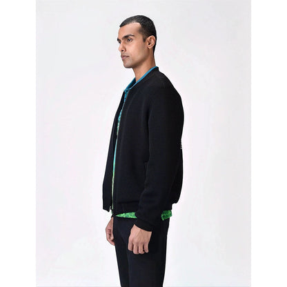 Genes Lecoanet Hemant Men Black Polyester Self Design Open Front Bomber Jacket