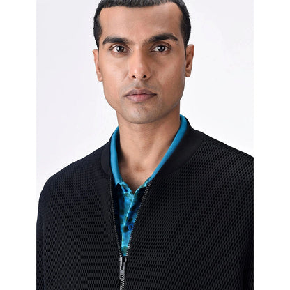 Genes Lecoanet Hemant Men Black Polyester Self Design Open Front Bomber Jacket