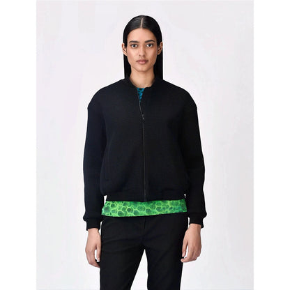 Genes Lecoanet Hemant Women Black Self Design Open Front Bomber Jacket