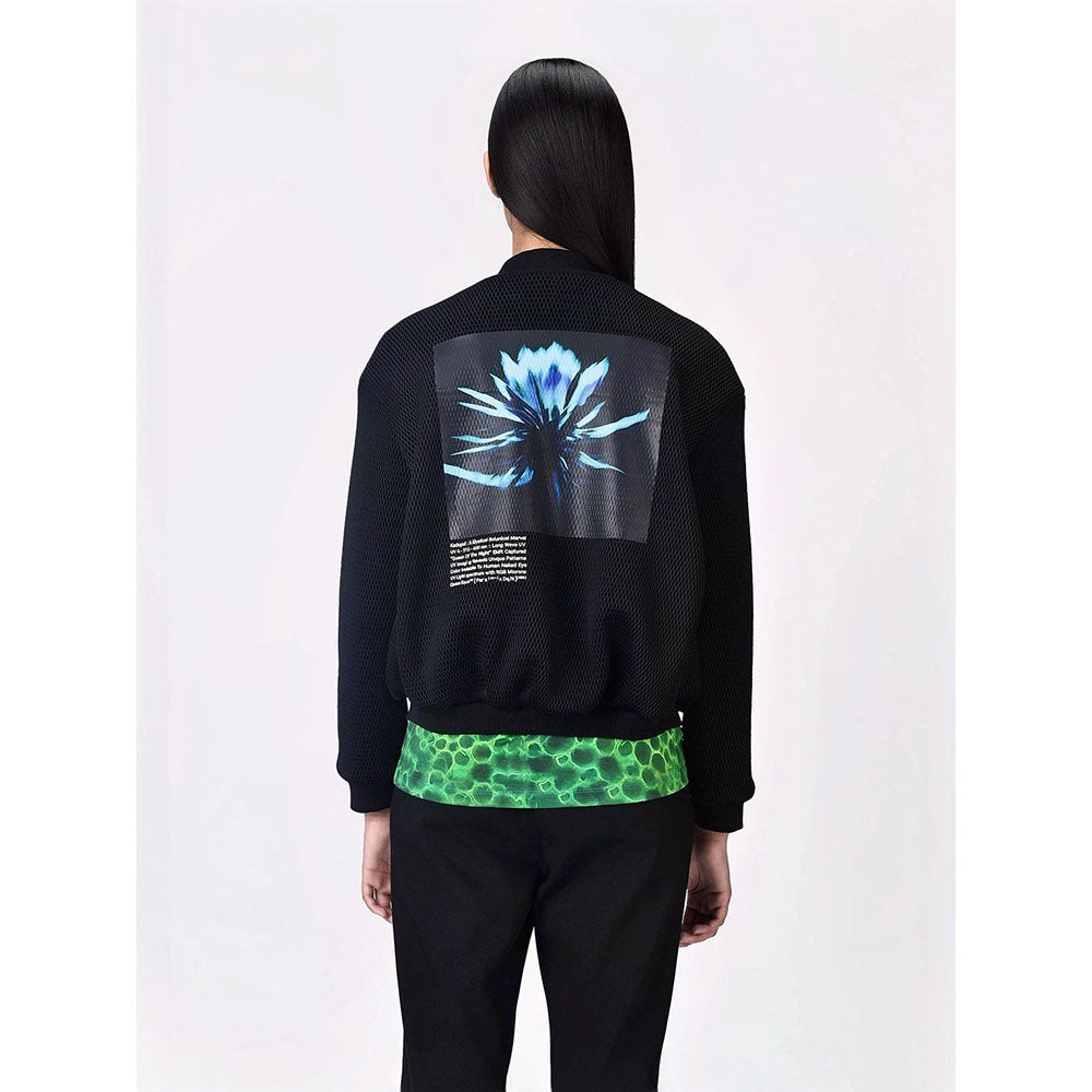 Genes Lecoanet Hemant Women Black Self Design Open Front Bomber Jacket