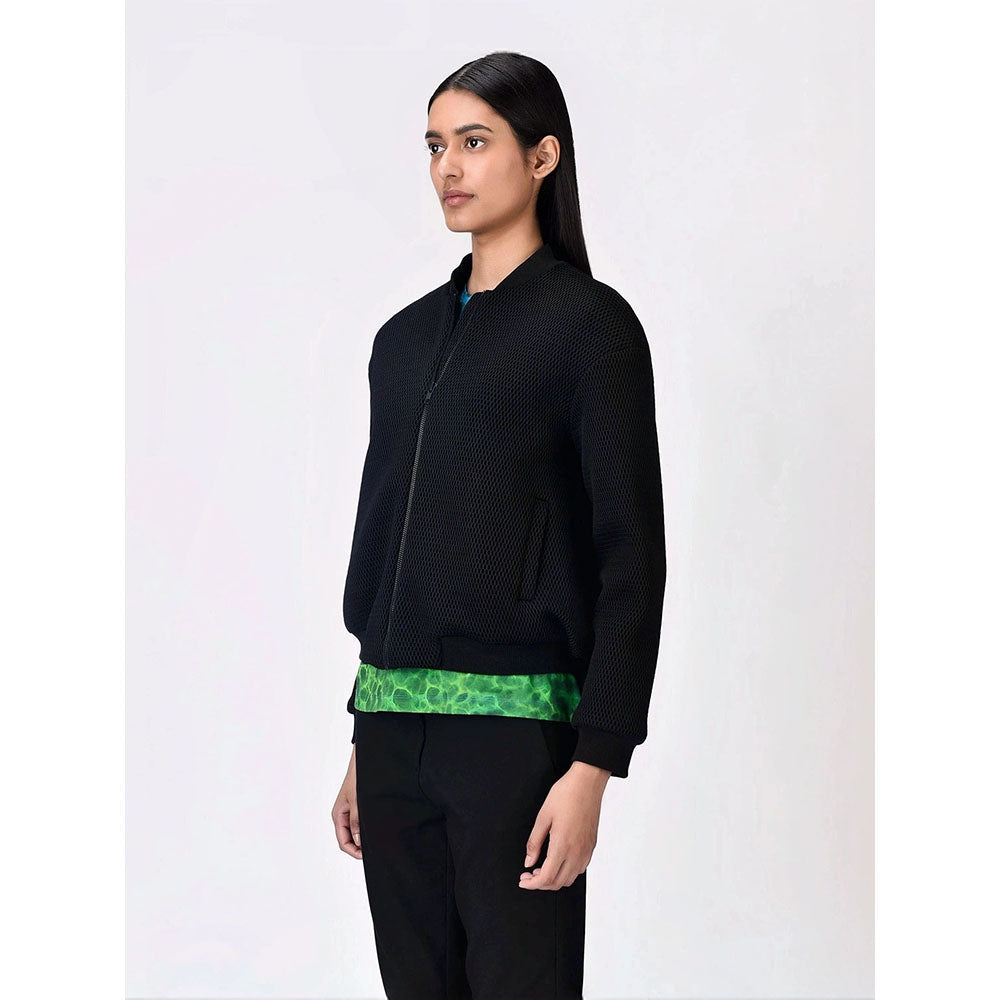 Genes Lecoanet Hemant Women Black Self Design Open Front Bomber Jacket