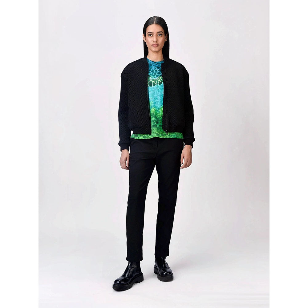 Genes Lecoanet Hemant Women Black Self Design Open Front Bomber Jacket