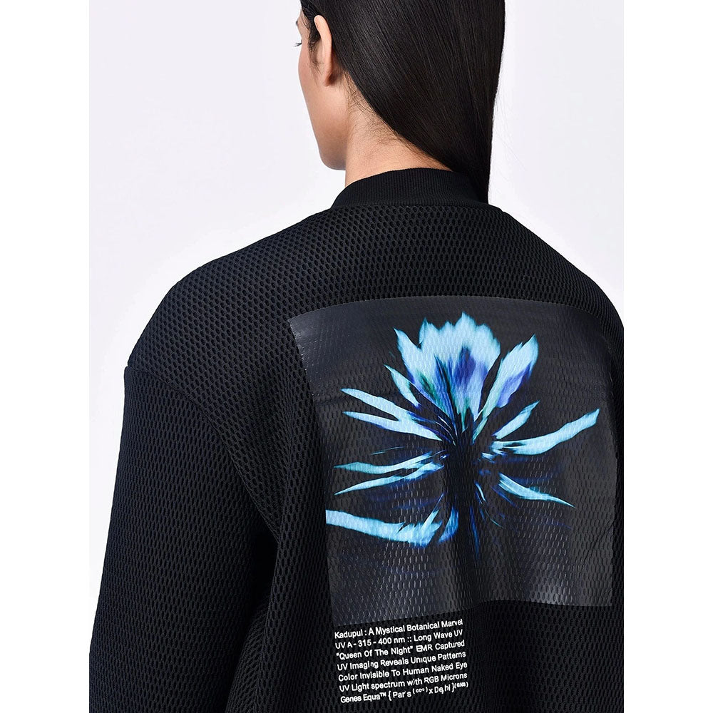 Genes Lecoanet Hemant Women Black Self Design Open Front Bomber Jacket