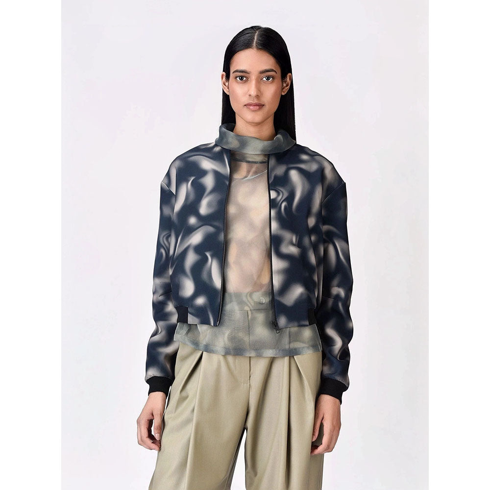 Genes Lecoanet Hemant Women Blue Graphic Printed Open Front Bomber Jacket