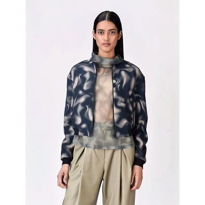 Genes Lecoanet Hemant Women Blue Graphic Printed Open Front Bomber Jacket