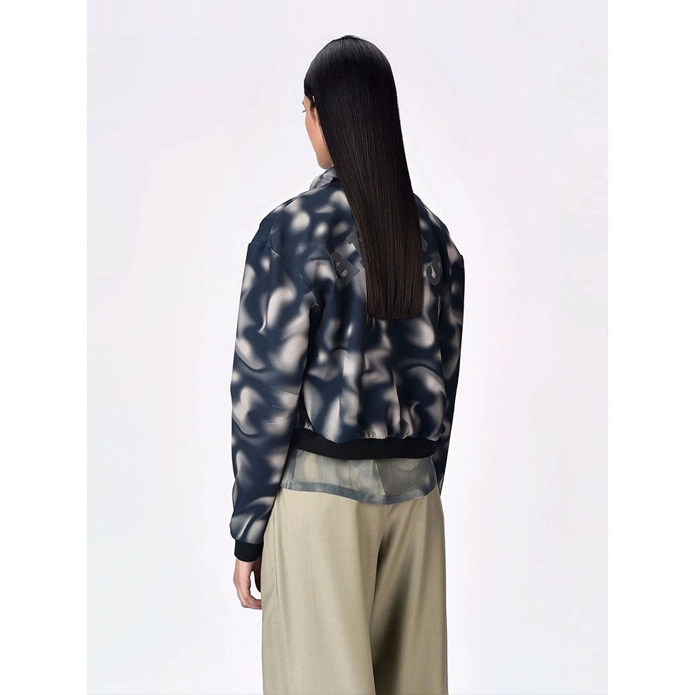 Genes Lecoanet Hemant Women Blue Graphic Printed Open Front Bomber Jacket