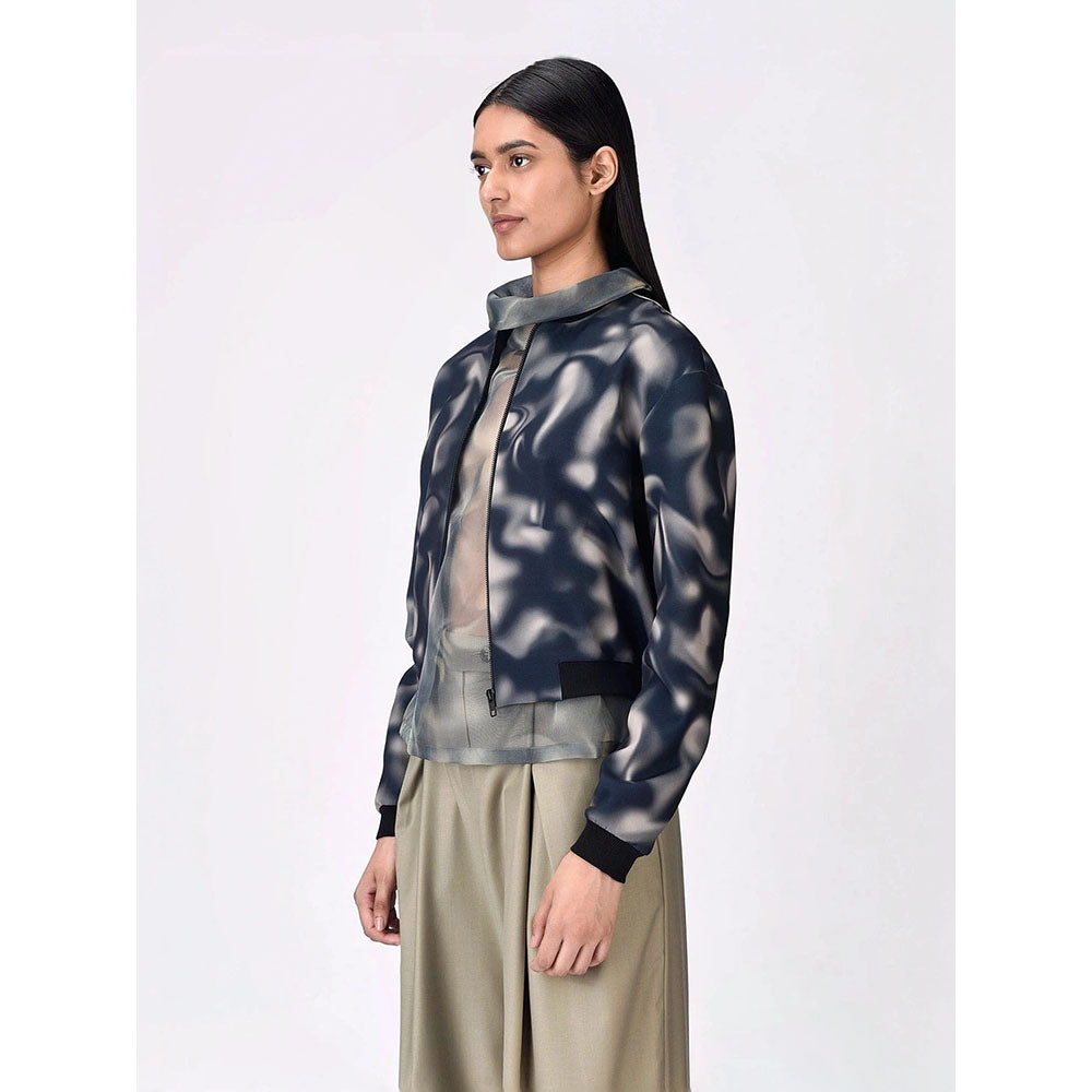 Genes Lecoanet Hemant Women Blue Graphic Printed Open Front Bomber Jacket