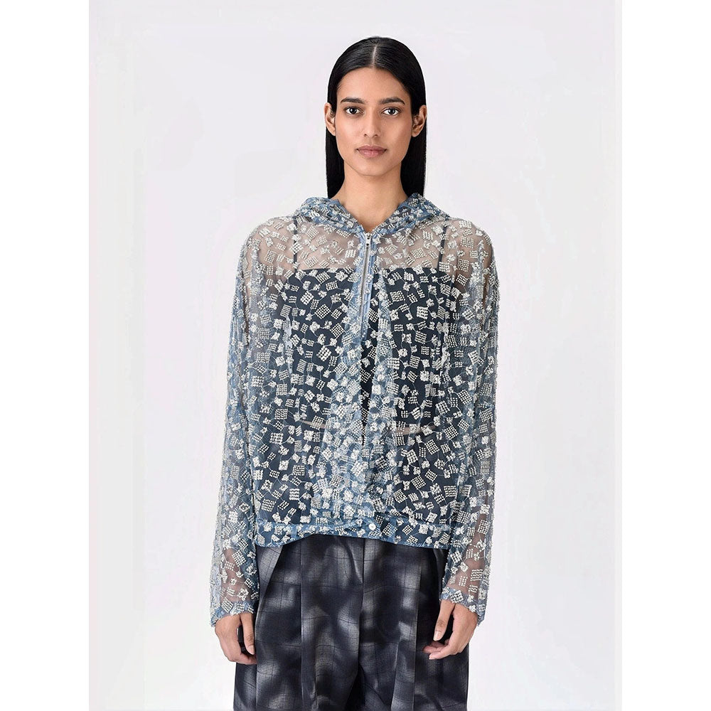 Genes Lecoanet Hemant Women Blue Cotton Self Design Open Front Hoodies Jacket