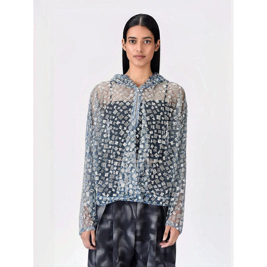 Genes Lecoanet Hemant Women Blue Cotton Self Design Open Front Hoodies Jacket